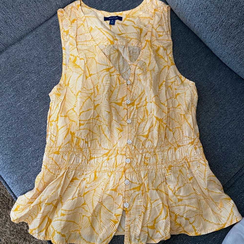 Nautica Yellow Leaf Print Button-Down Blouse